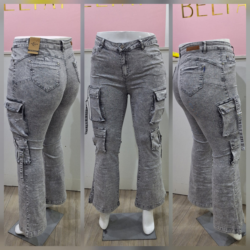 Jeans Flare Cargo Gris